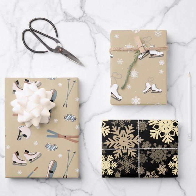 Wintersportarten in Beige und Weiß Geschenkpapier Set (Vorderseite)
