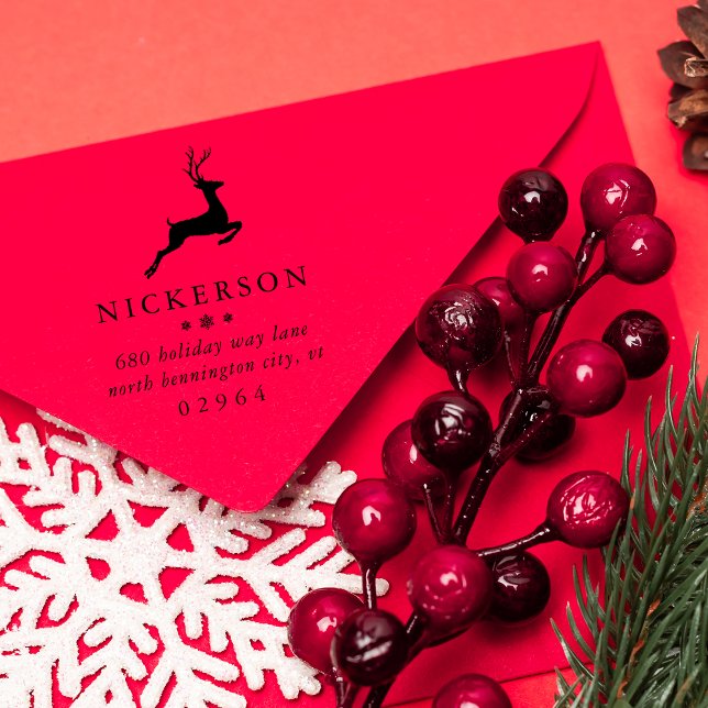 Winterspringen Rentier-Rücksendeadresse Gummistempel (Winter Leaping Reindeer Return Address Rubber Stamp)