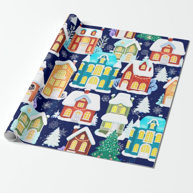 Winterstadt mit viktorianischen Häusern. Weihnacht Geschenkpapier (Ungerollt)