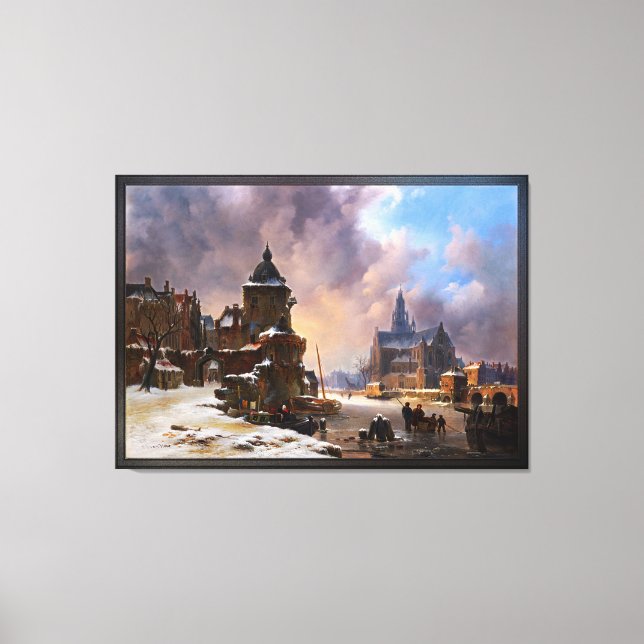 Winterstadtbild mit Frost River Classic Art Leinwanddruck (Vorderseite)