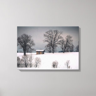 Winterszene, Hügel und Bäume, Hütte Leinwanddruck