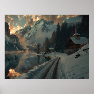 Winterszene mit Gebäude aus Holz Poster