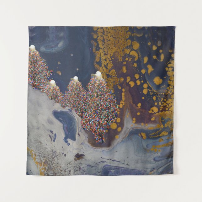 Winterszene mit lit Trees Frohe Weihnachten Wandteppich (Vorderseite)