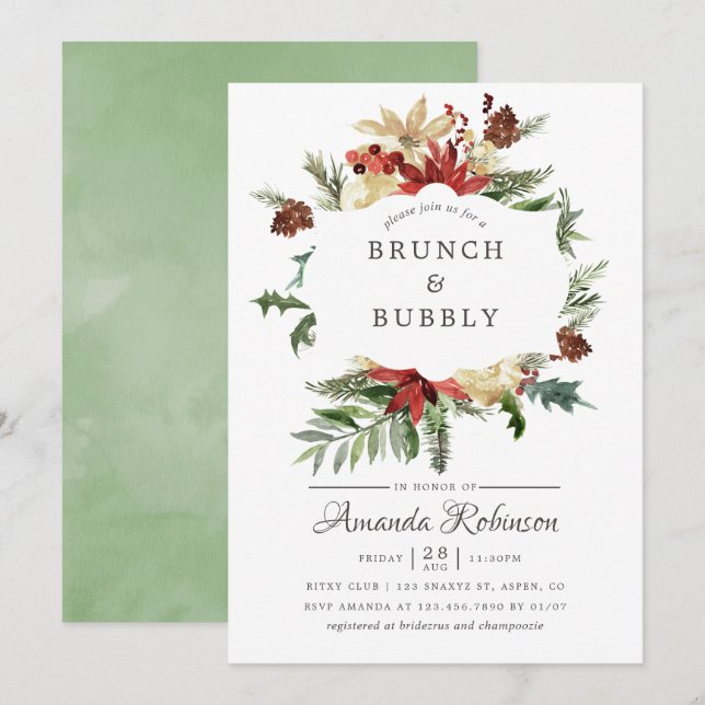 Wintertide Woodland Weihnachtsbrunch und Bubbly Einladung (Vorne/Hinten)