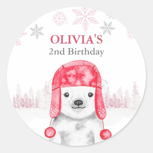 Wintertiere Birthday Girl Bear Runder Aufkleber (Vorderseite)