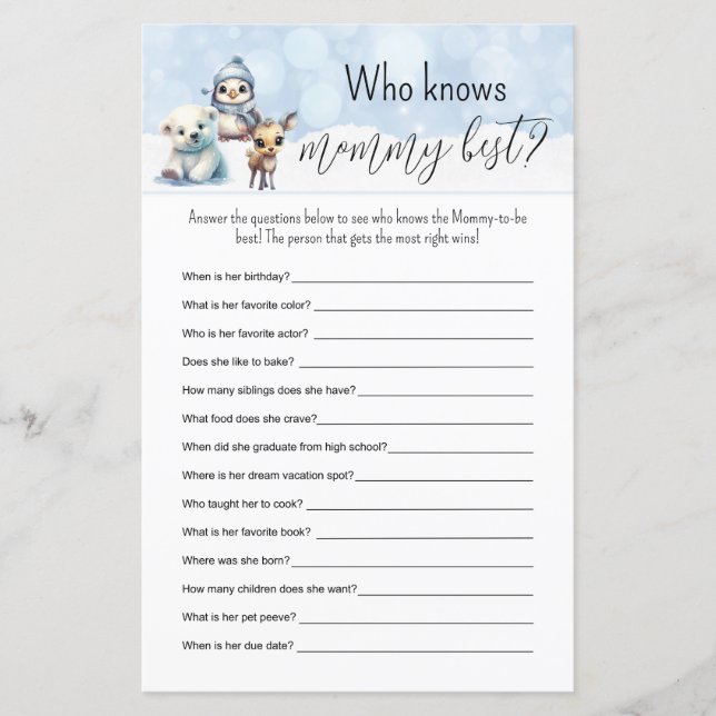 Wintertiere füllen das Blanks Baby Shower Game aus (Vorderseite)
