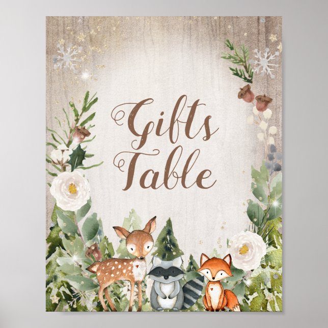 Wintertiere Holzflora Tafelschild Poster (Vorne)