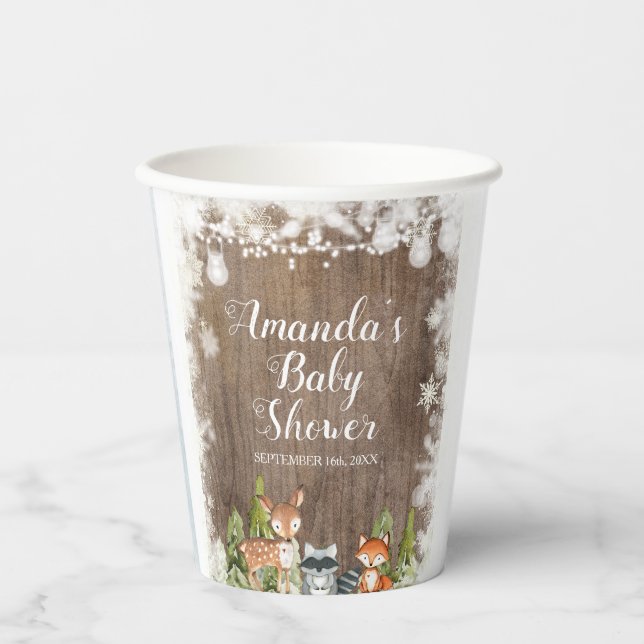 Wintertiere Holzschneeflocken Kinderdusche Pappbecher (Vorderseite)
