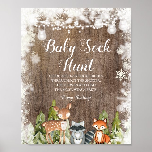 Wintertiere Snowflakes Wood Baby Sock Hunt Poster (Vorne)