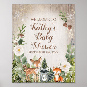 Wintertiere Wald Weiße Florale Willkommensschild Poster