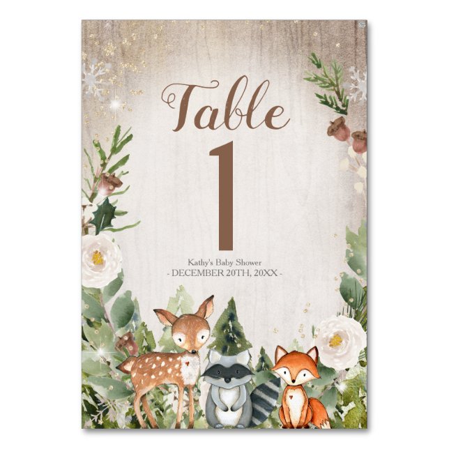 Wintertiere Woodland Tischnummer Kinderdusche (Vorderseite)