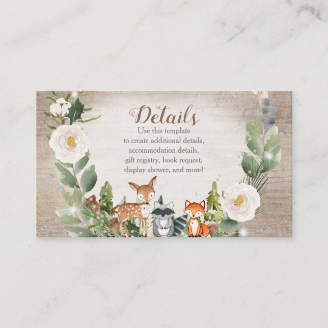 Wintertiere Woodland White Floral Baby Dusche Begleitkarte (Vorderseite)