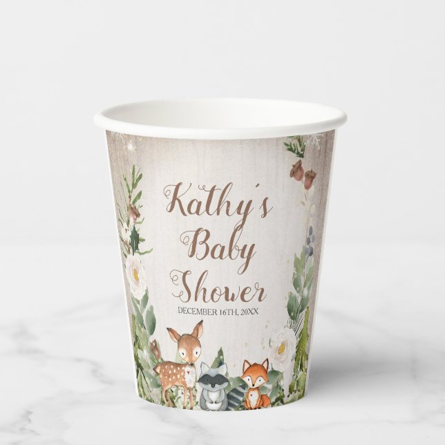 Wintertiere Woodland White Floral Baby Dusche Pappbecher (Vorderseite)