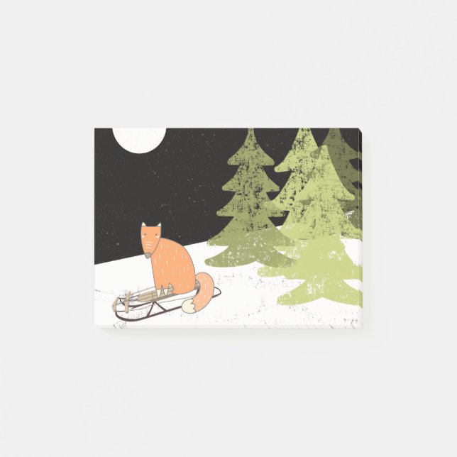 Wintertime- Sledding Fox - Illustration Post-it Klebezettel (Vorderseite)