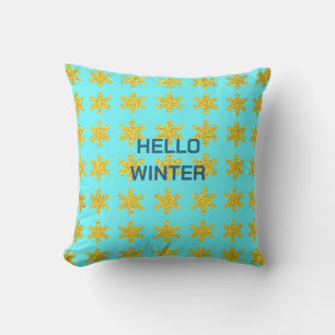 Wintertypografie-Muster Snowflake Gold Blue Kissen