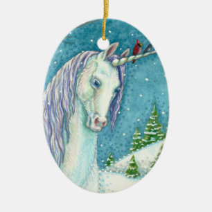 WINTERUNICORN UND VÖGEL, FRIEDLICHE SCHNEELANDSCHA KERAMIK ORNAMENT