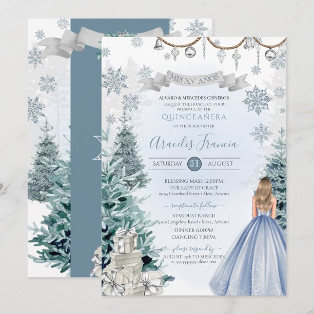 Winterurlaub Glitzer Snowflake Blue Quinceñera Einladung (Vorne/Hinten)