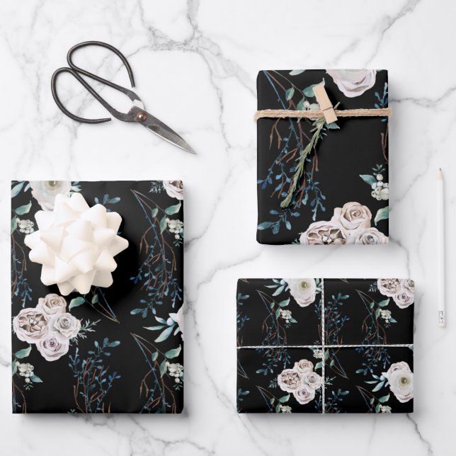 Winterurlaub Hochzeit Rose schwarz Muster Geschenkpapier Set (Vorderseite)