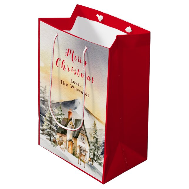 Winterurlaub Hütte Frohe Weihnachten Mittlere Geschenktüte (Vorderseite Schrägansicht)