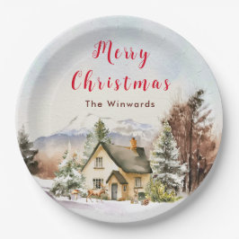 Winterurlaub Hütte Frohe Weihnachten Pappteller