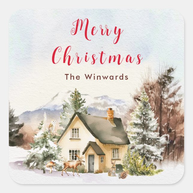 Winterurlaub Hütte Frohe Weihnachten Quadratischer Aufkleber (Vorderseite)