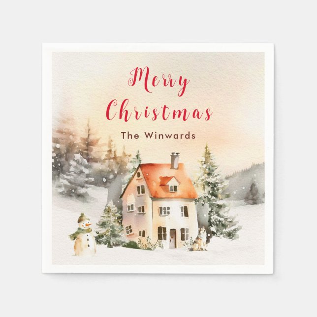 Winterurlaub Hütte Frohe Weihnachten Serviette (Vorderseite)