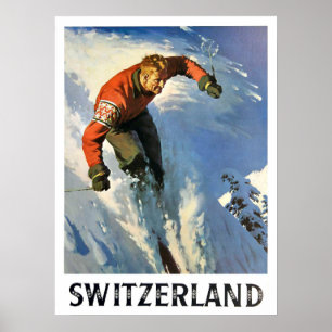 Winterurlaub in der Schweiz, Skifahrer, Vintage Poster