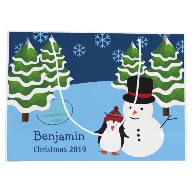 Winterurlaub Penguin und Schneemann Weihnachten Große Geschenktüte (Rückseite)