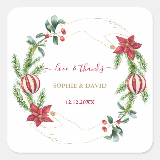 Winterurlaub Pine Cones Weihnachtsbälle Hochzeit Quadratischer Aufkleber (Vorderseite)