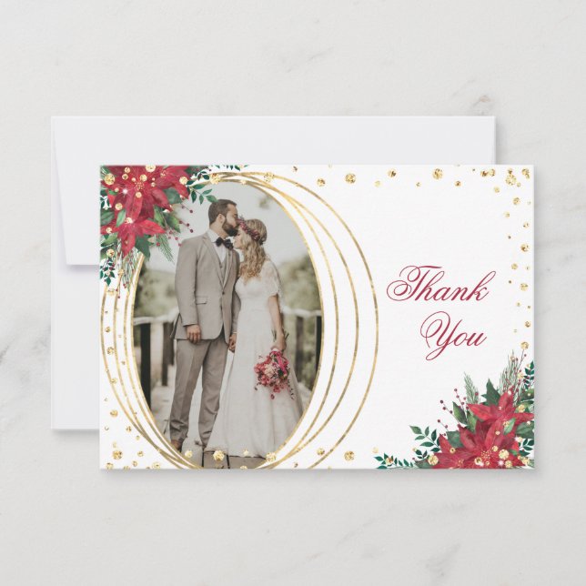 Winterurlaub Poinsettia Foto Hochzeit Dankeskarte (Vorderseite)