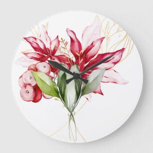 Winterurlaub Rote Poinsettia Aquarellfarben Blume Große Wanduhr