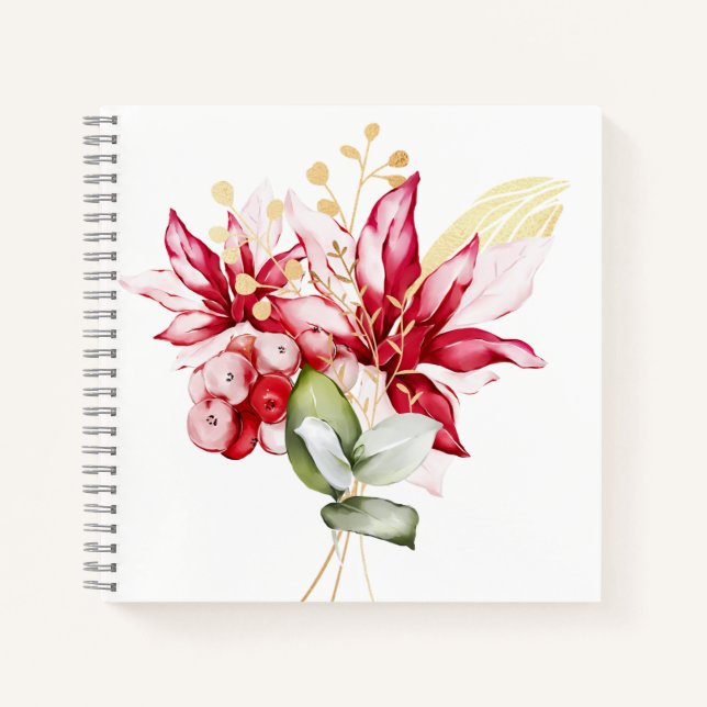 Winterurlaub Rote Poinsettia Aquarellfarben Blume Notizbuch (Vorderseite)