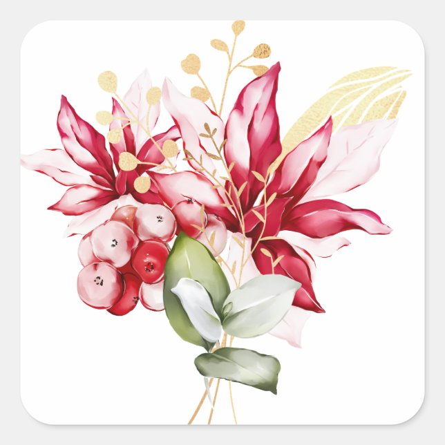 Winterurlaub Rote Poinsettia Aquarellfarben Blume Quadratischer Aufkleber (Vorderseite)