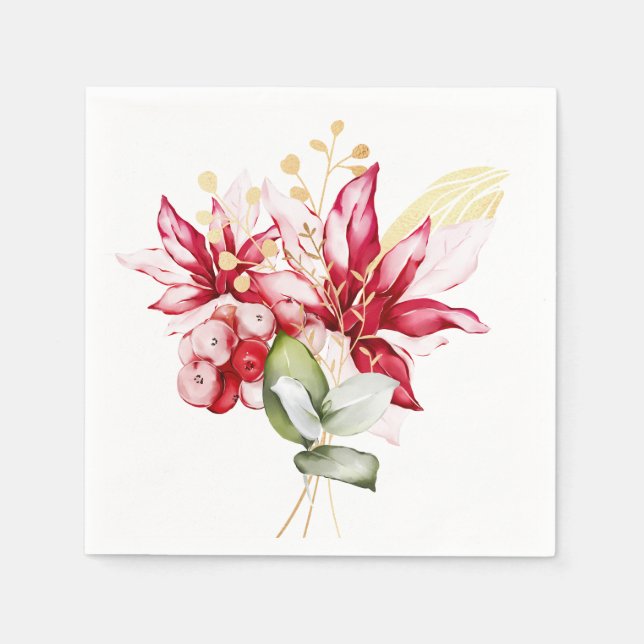 Winterurlaub Rote Poinsettia Aquarellfarben Blume Serviette (Vorderseite)