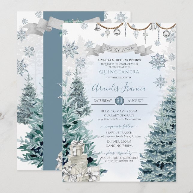 Winterurlaub Silber und Blauer Schnee Quinceñera Einladung (Vorne/Hinten)