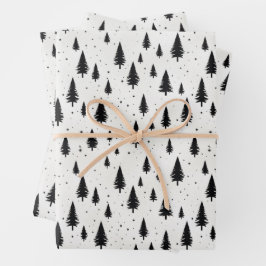 Winterurlaub Weihnachtsbäume schwarz-weiß Geschenkpapier Set
