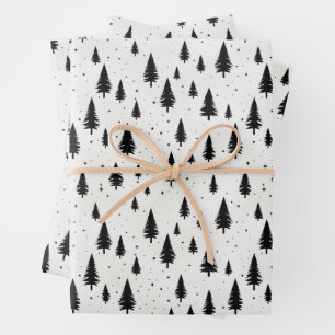 Winterurlaub Weihnachtsbäume schwarz-weiß Geschenkpapier Set