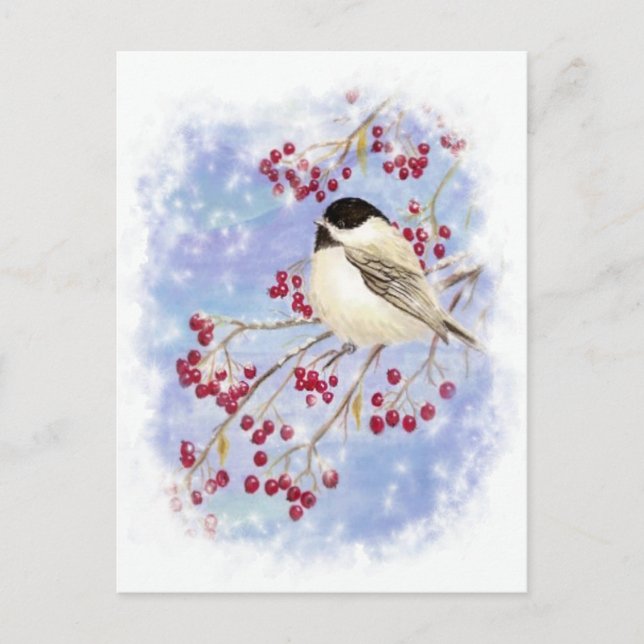 Wintervogel durch Schneefenster. Weihnachtsszene Feiertagspostkarte (Vorderseite)