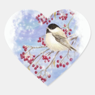 Wintervogel durch Schneefenster. Weihnachtsszene Herz-Aufkleber