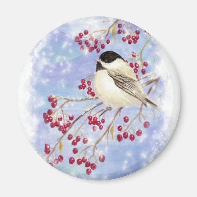 Wintervogel durch Schneefenster. Weihnachtsszene Magnet (Vorne)