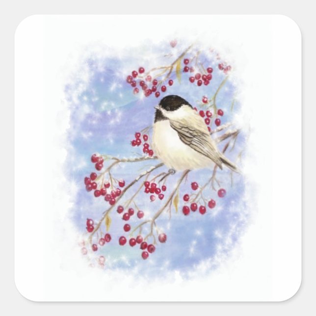Wintervogel durch Schneefenster. Weihnachtsszene Quadratischer Aufkleber (Vorderseite)