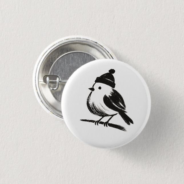 Wintervogel in Beanie – Tuschepinsel-Minimalismus  Button (Vorne & Hinten)