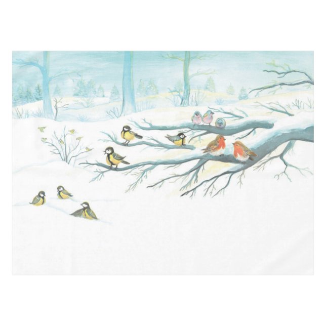 Wintervögel in einem schneebedeckten Wald an einem Tischdecke (Vorderseite (Horizontal))