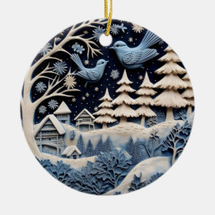 Wintervögel in Waldschmuck Keramik Ornament