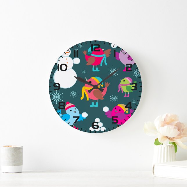 Wintervögel mit Schnee spielen mit Schneemann Große Wanduhr (Von Creator hochgeladen)
