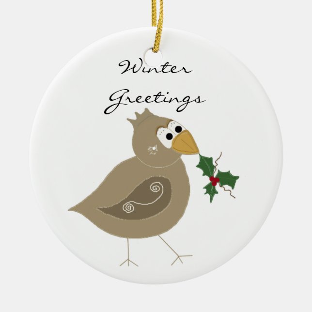 Wintervogel mit Sprig von Holly Keramik Ornament (Vorne)
