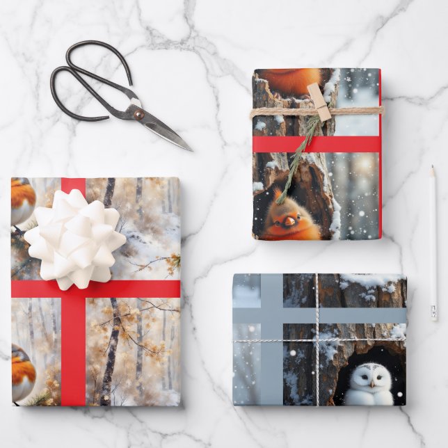 Wintervögel Natürlich Geschenkpapier Set (Vorderseite)