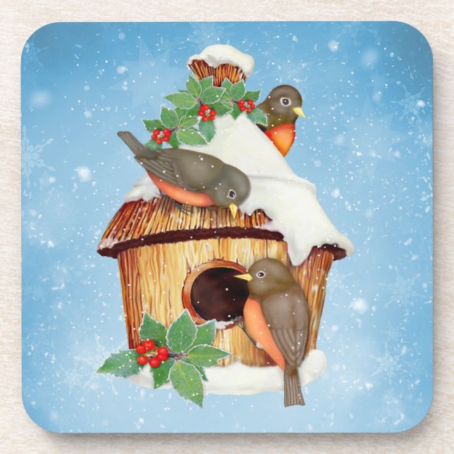 Wintervögel und Birdhouse Untersetzer (Vorderseite)