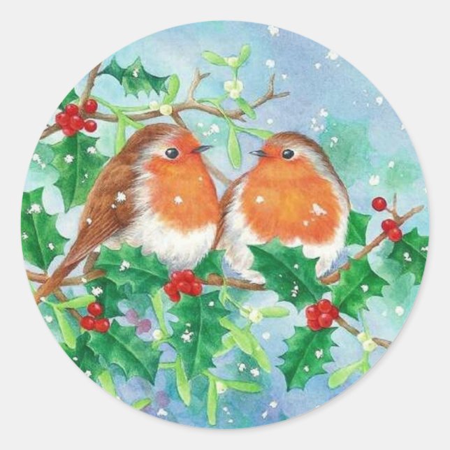 Wintervögel und Holly Berries im Schnee Runder Aufkleber (Vorderseite)