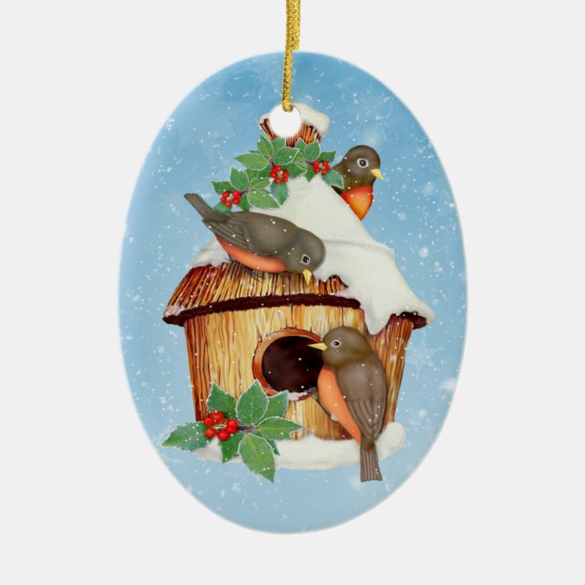 Wintervögel und Vogelhaus - Anpassen Keramik Ornament (Vorne)